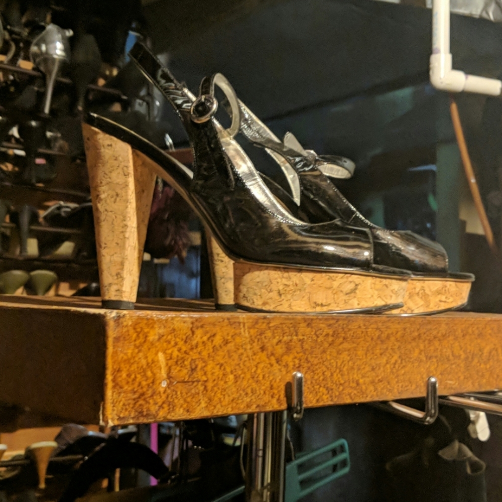 Patten leather upper with cork bottom